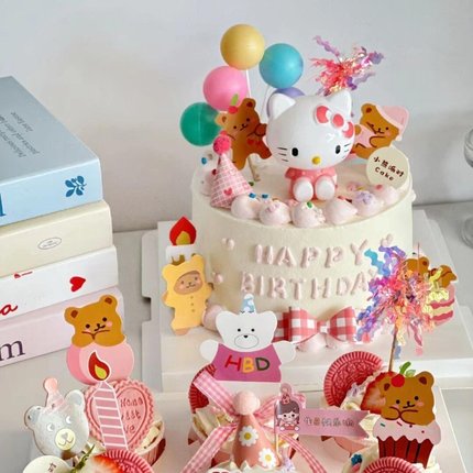 网红可爱KT猫蛋糕装饰摆件HelloKitty女孩公主生日装扮烘焙插件
