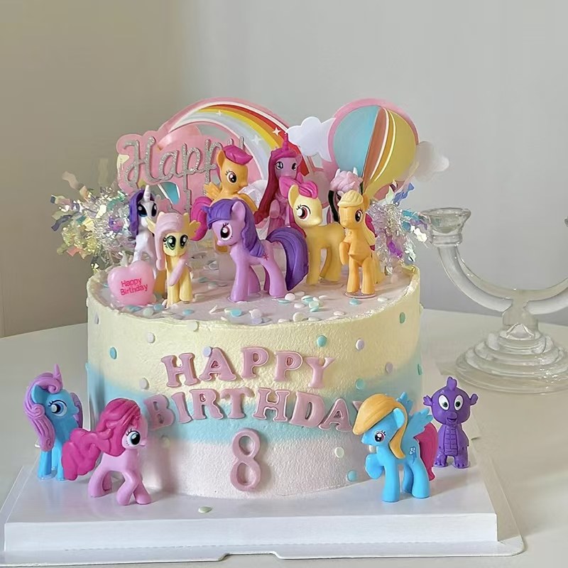 网红小马蛋糕装饰摆件独角兽彩虹木马小马摆件公主女孩甜品台插件