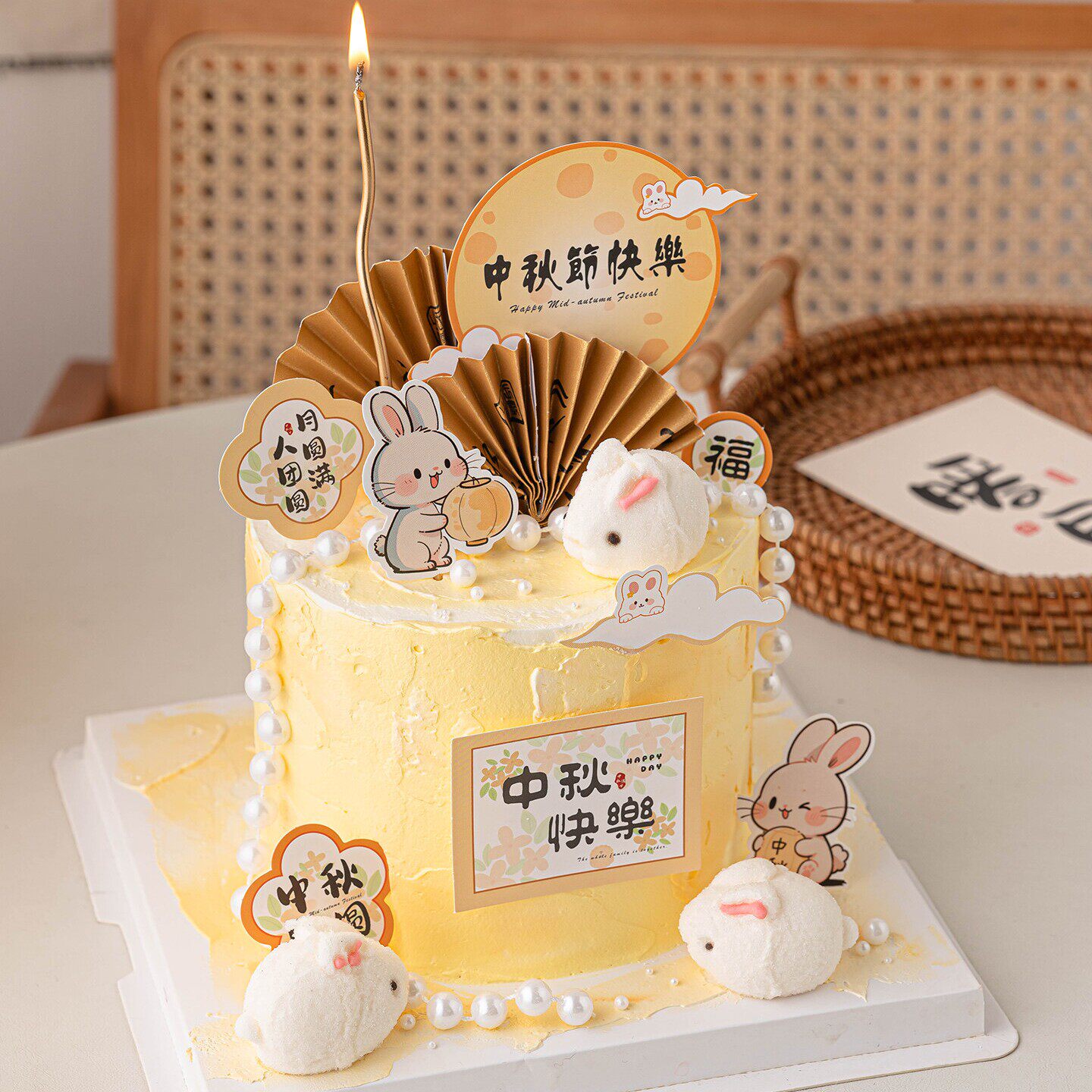 热门中秋节快乐玉兔小兔子棉花糖摆件蛋糕装饰团团圆圆烘焙装扮