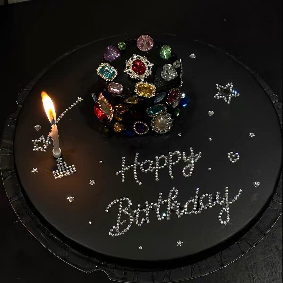 复古暗黑彩色钻石宝石生日蛋糕装饰生日快乐祝福语水钻贴螺旋蜡烛