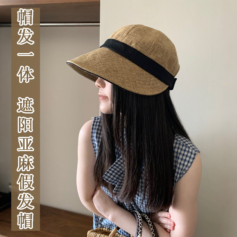 帽子假发一体女仿真发长直发夏季外贸日系亚麻遮阳沙滩渔夫帽假发