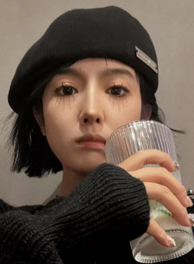帽子假发女长直仿真发可拆新款网红反戴毛呢前进贝雷帽短直假发帽