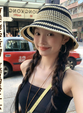 帽子假发一体女镂空防晒渔夫草帽麻花辫百搭时尚遮阳沙滩假发帽