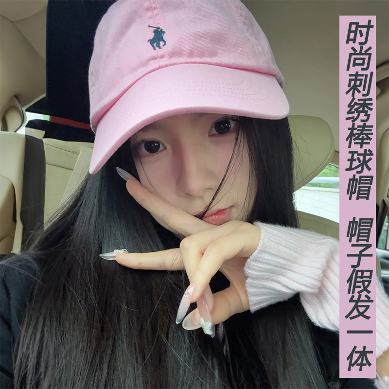 假发帽子一体女刺绣鸭舌帽仿真发