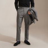 艾比路秋冬意大利进口岗花呢羊毛复古老钱调节腰翻边直筒九分西裤