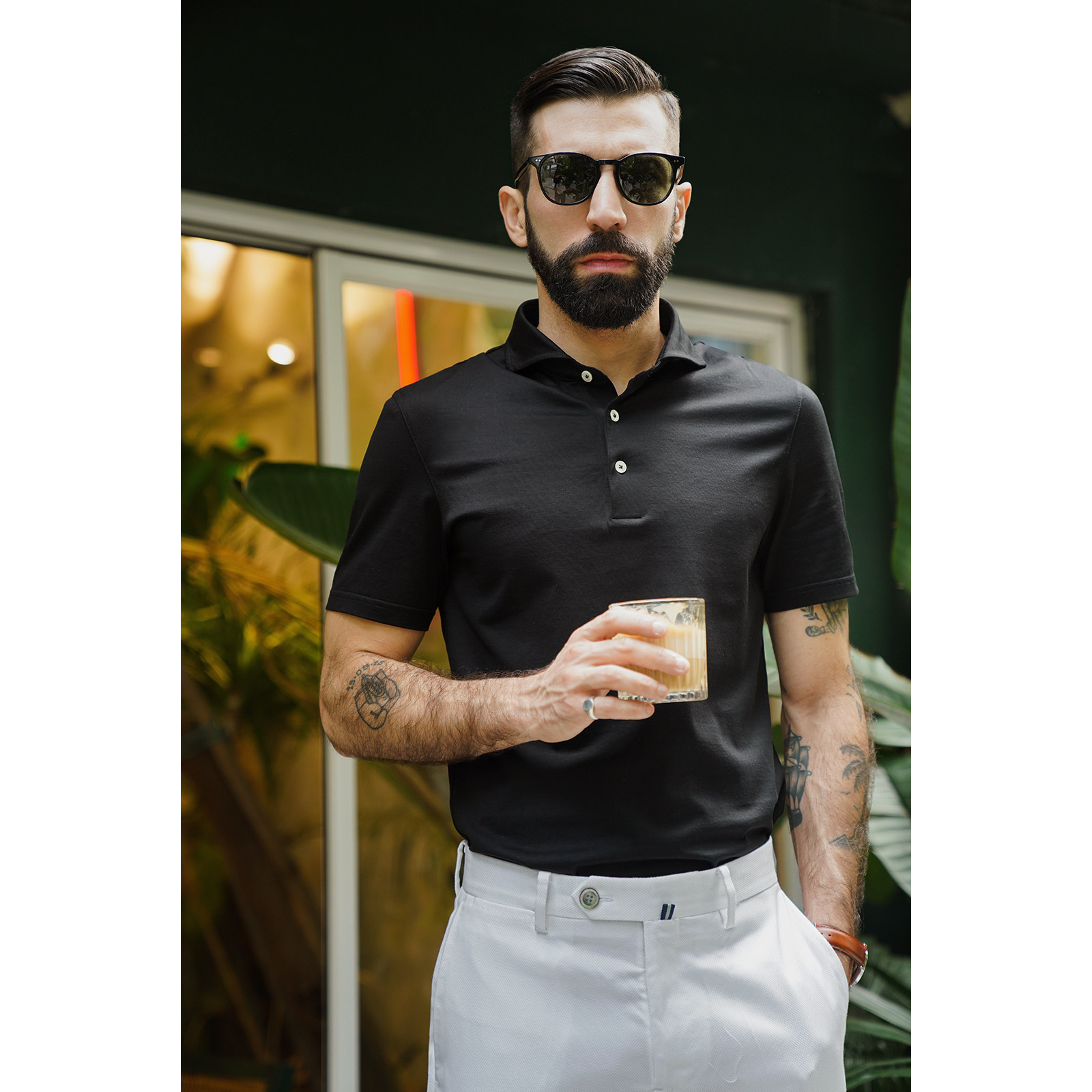 春夏艾比路轻奢经典温莎领针织双丝光全棉弹力修身短袖polo衫男