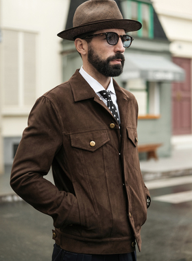 艾比路春季复古绅士麂皮绒经典3RD牛仔款夹克工装翻领外套