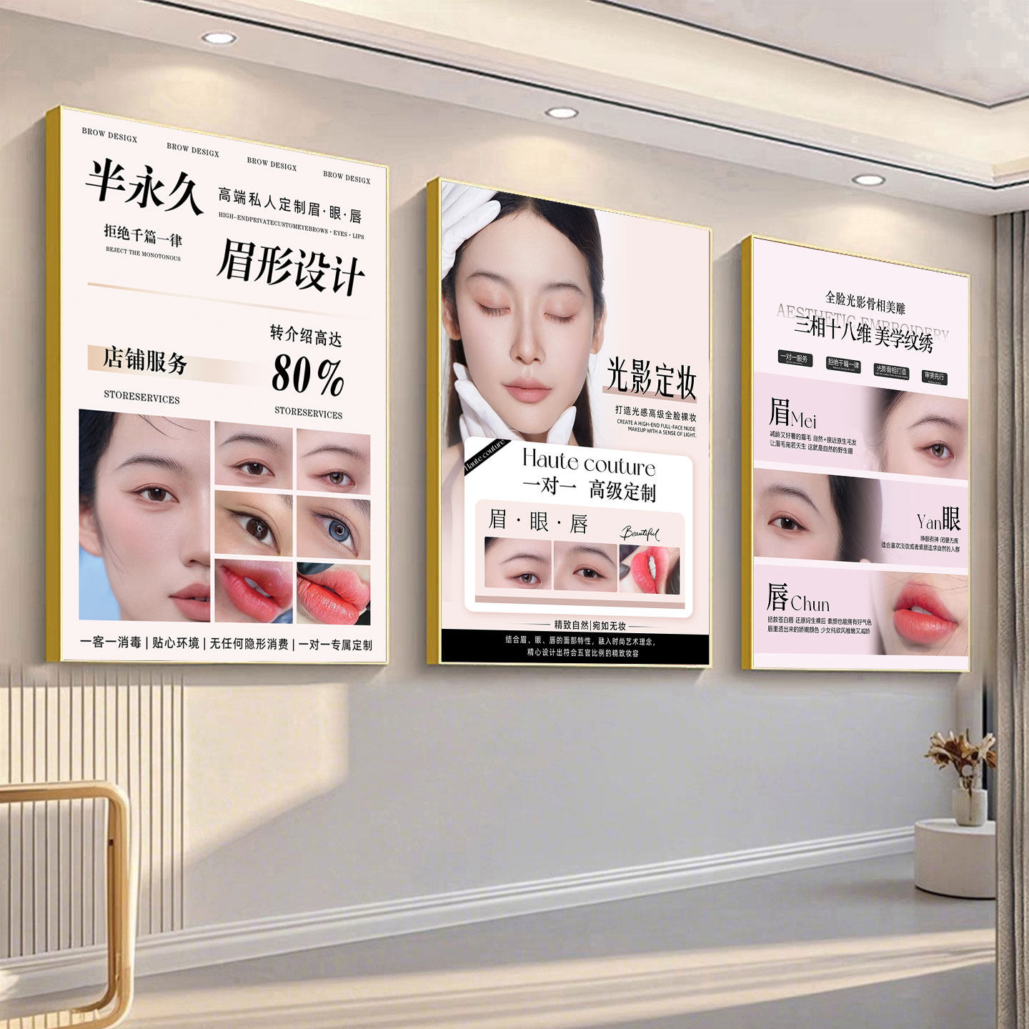 眉眼唇海报纹绣挂画纹眉毛图片美甲店美睫展示版高级感美瞳线广告