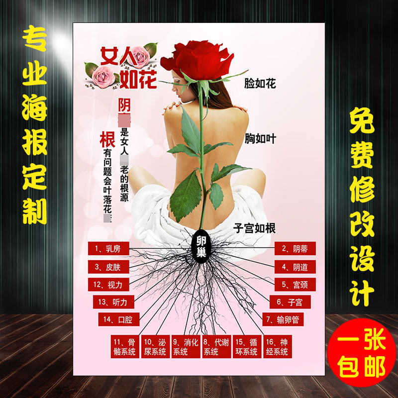 女人如花中医美容养生馆卵巢保养海报私处宣传画女性肾部子宫保养