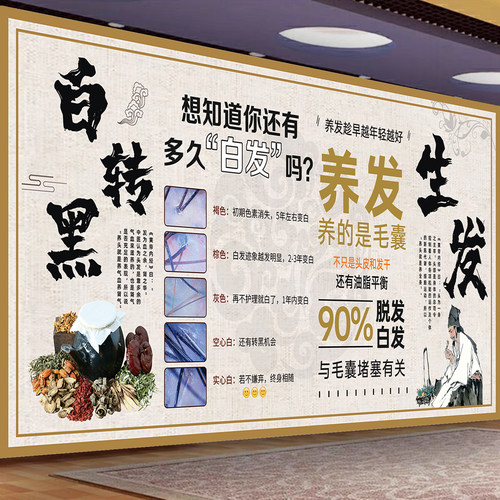 白转黑海报养发馆装饰画生发育发