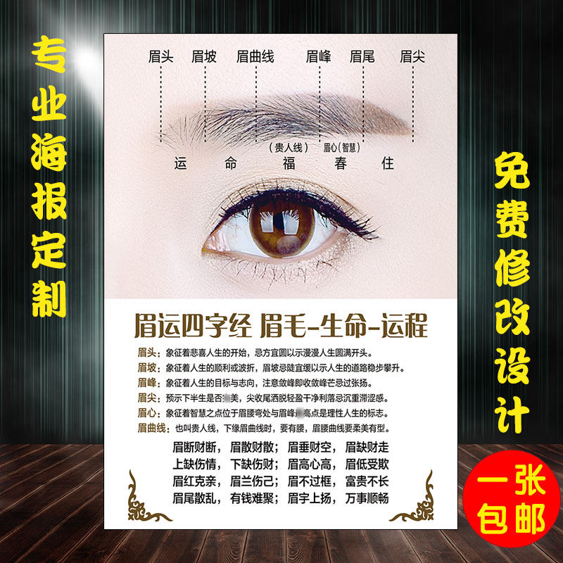 包邮做眉毛的风水眉运四字经运程装饰挂画图片海报写真美容贴画kt