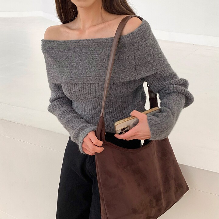 ins 韩版秋季法式复古气质百搭简约一字领露肩慵懒风针织毛衣上衣
