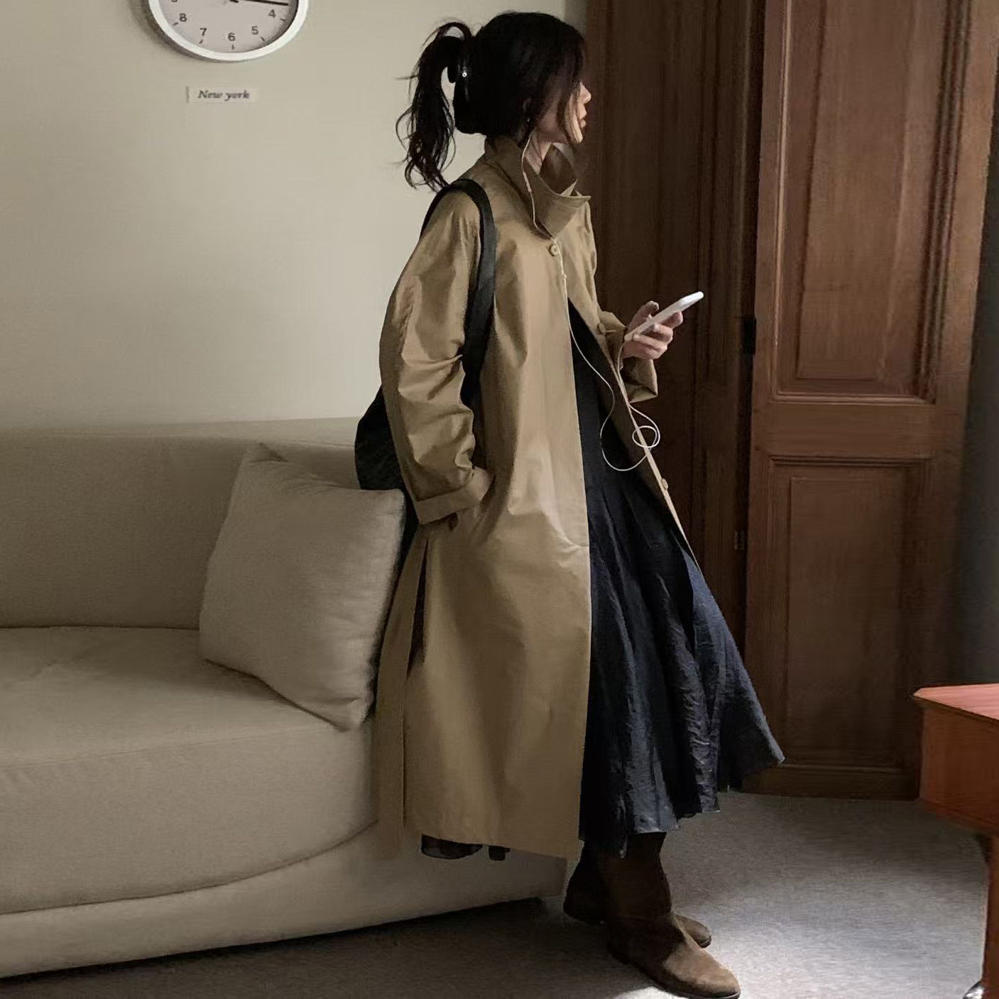 法式复古英伦风街头帅气PU皮衣外套宽松百搭通勤中长款风衣