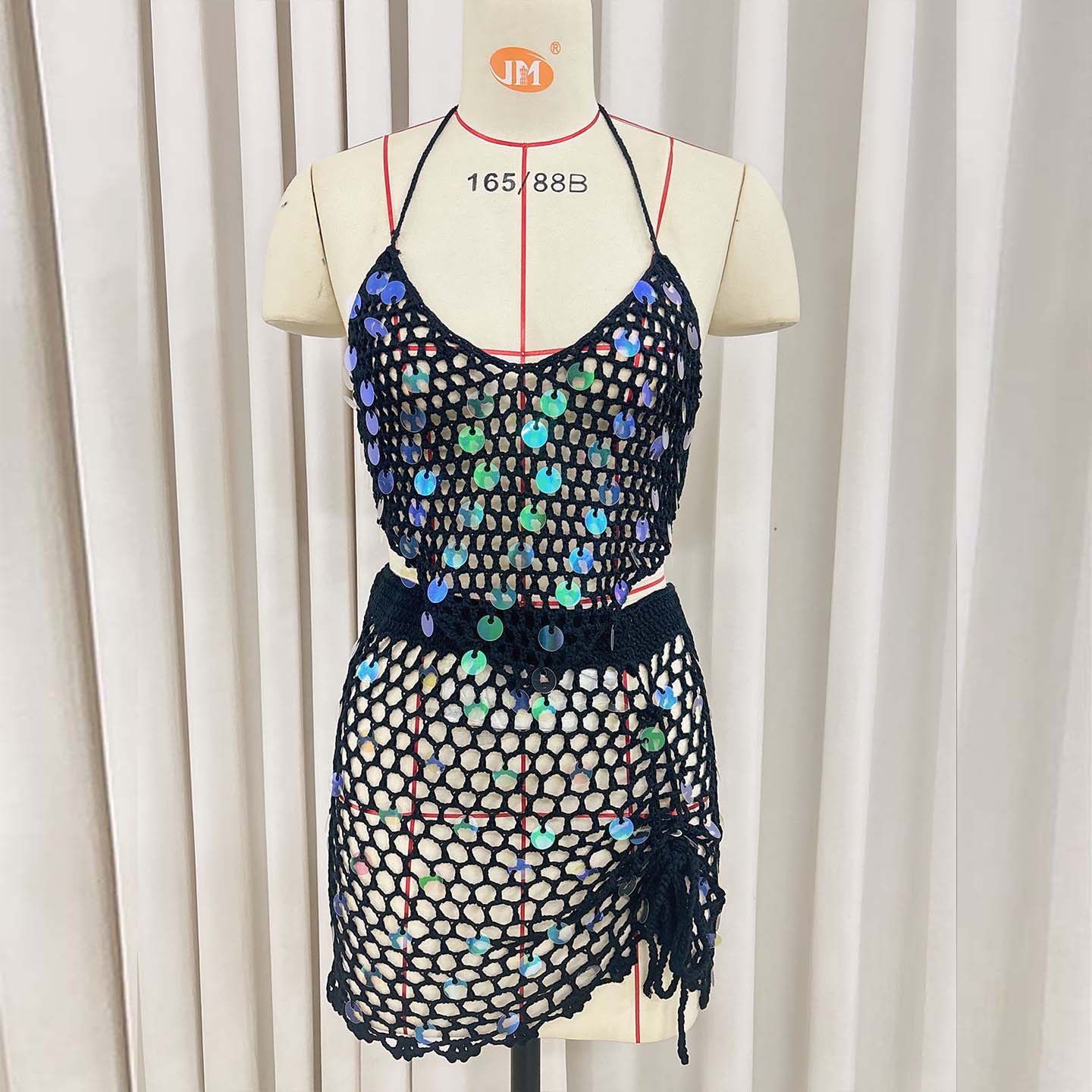 泳衣罩衫套装海边度假亮片镂空透视绑带比基尼两件套女士沙滩罩衫