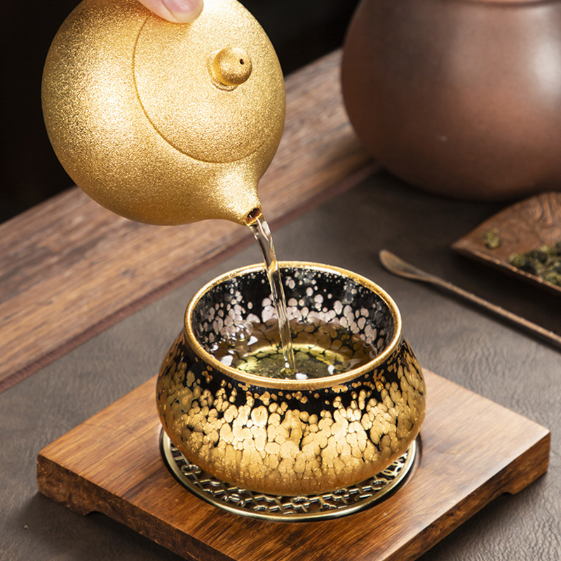 建阳手作24K金油滴佛肚建盏茶杯主人杯 家用茶盏金杯子伴手礼盒装