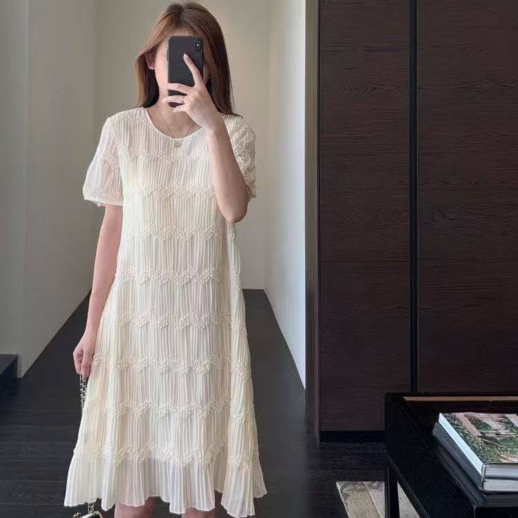 2025年夏季新款网纱裙韩版唯美浪漫显瘦中长款白色连衣裙女夏新款