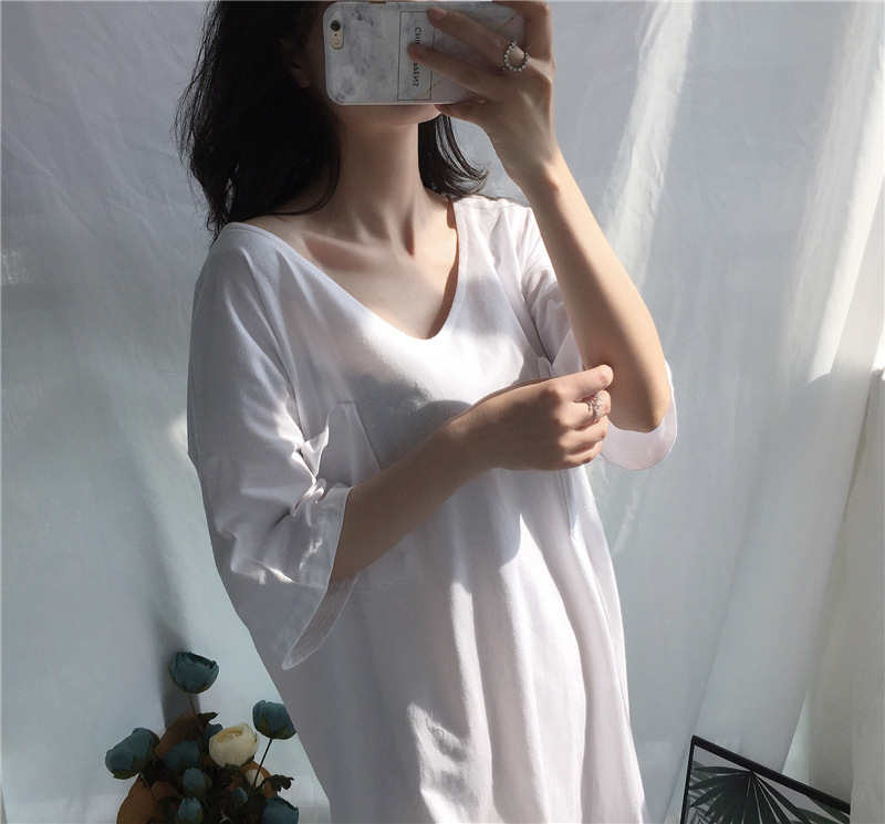 性感睡衣女睡裙春夏家居服韩版纯棉休闲中长款舒适宽松中袖裙v领11-07新券