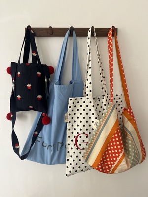 asm studio韩系波点帆布袋2026春夏字母撞色帆布包女单肩托特大包