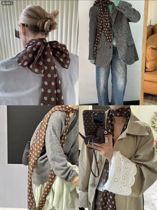 法式复古咖色长条波点丝巾2025春夏新款高级感百搭仿真丝薄款围巾