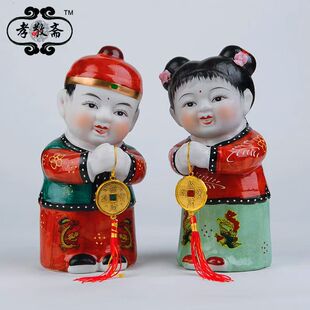 童男童女金童玉女陶瓷对童小人随葬墓碑前摆放随葬伺候逝者用