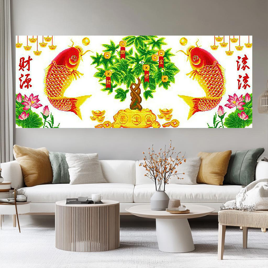 财源滚滚十字绣2026新款客厅餐厅摇钱树发财树年年有余鱼手工刺绣