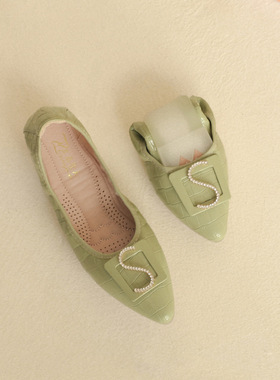 尖头单鞋女绿色百搭软底懒人鞋一脚蹬水钻平底低跟蛋卷鞋厂家代发