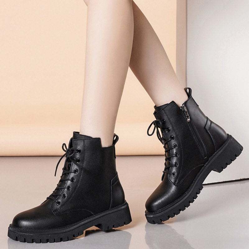 马丁靴女秋冬新款高帮棉靴女百搭机车靴软底英伦风厚底短靴子