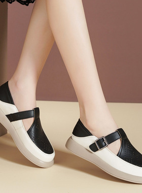 两穿真皮透气镂空休闲凉鞋女2025年新款夏季厚底防滑洞洞外穿软底