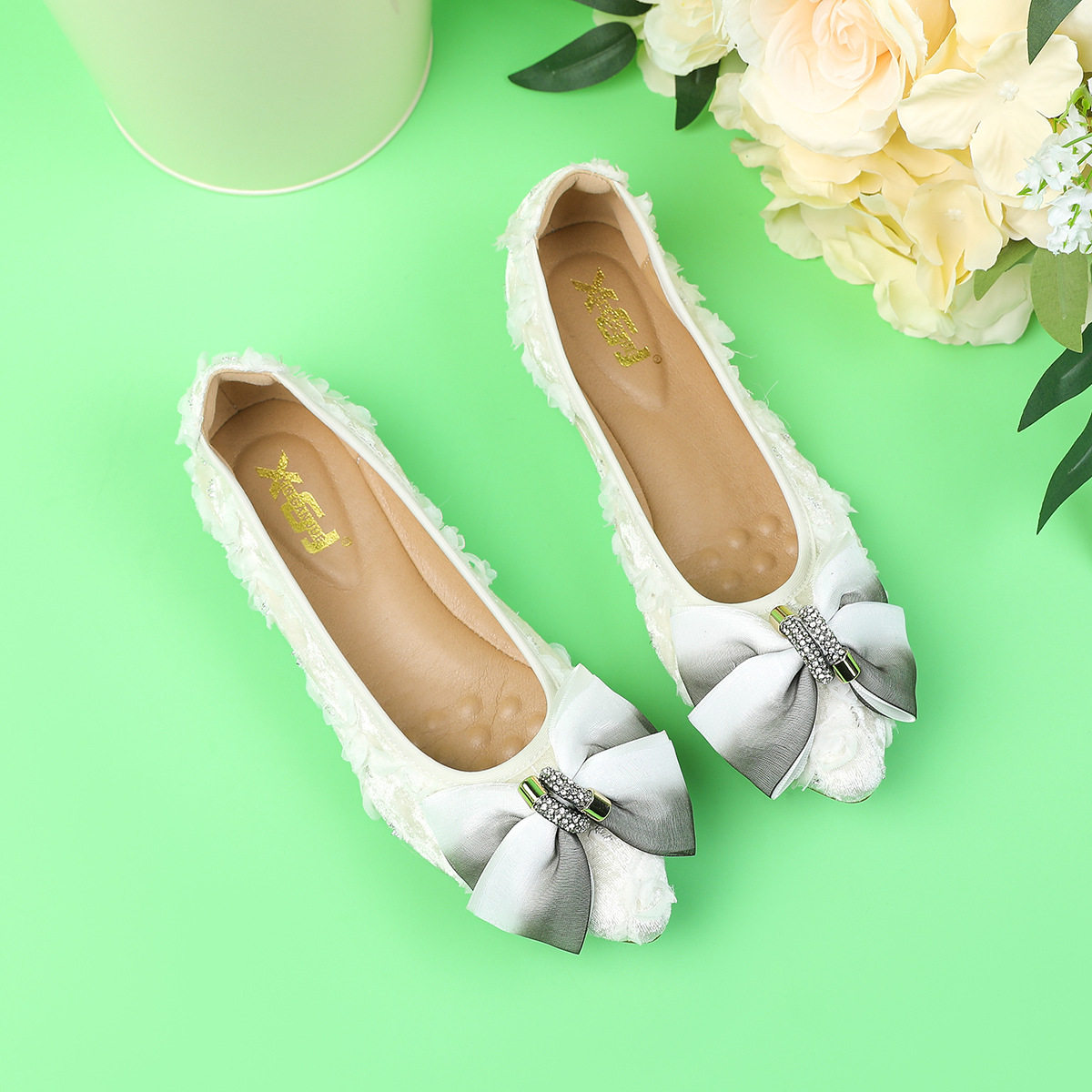 浅口仙女风蝴蝶结软底平底单鞋女2025年新款尖头蕾丝花边豆豆瓢鞋