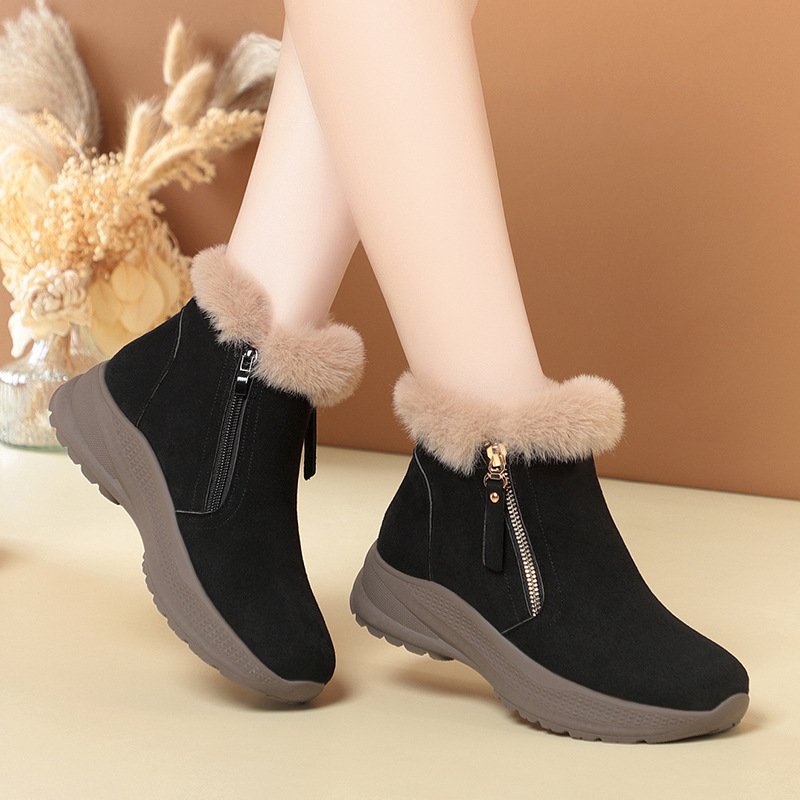 平底妈妈棉鞋厚底毛毛靴子雪地靴女冬季短靴加绒加厚百搭一件代发