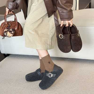 全包毛毛勃肯鞋女厚底内增高5cm加绒单鞋2025秋冬新款外穿懒人鞋