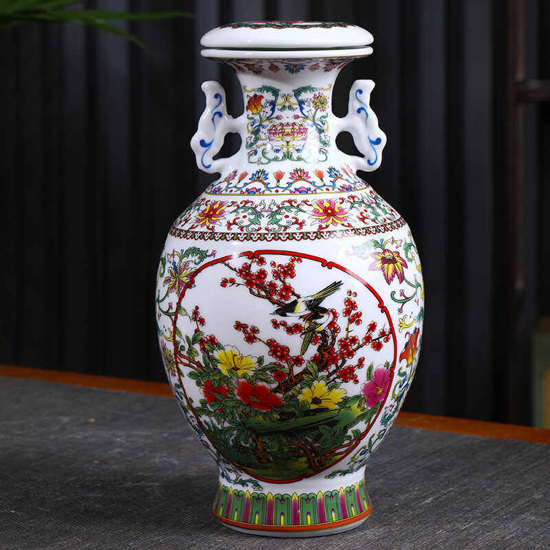 景德镇陶瓷酒瓶3斤装仿古花鸟密封白酒坛子 双耳三斤装家用空瓶子