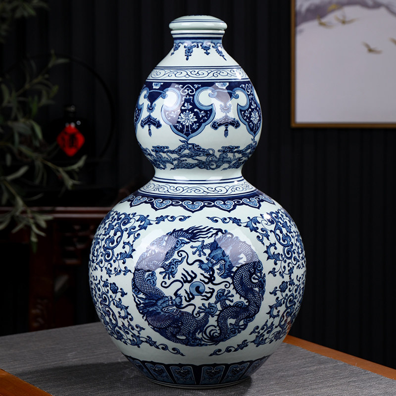 景德镇陶瓷酒瓶 二十斤装酒葫芦 手绘青花双龙20斤装葫芦空酒坛子