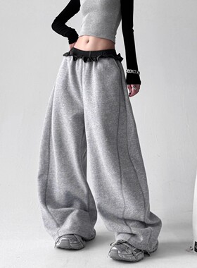 MDCW STUDIO美式灰色运动裤女2025秋冬新款今年流行花边裤阔腿裤