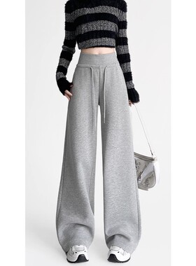 MDCW STUDIO美式灰色运动卫裤女2025秋冬新款加绒休闲直筒阔腿裤