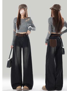 MDCW STUDIO黑灰色加绒加厚阔腿牛仔裤女2026新款深色直筒裤子冬