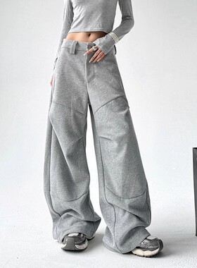MDCW STUDIO美式灰色重磅运动卫裤女2025冬季新款褶皱阔腿休闲裤