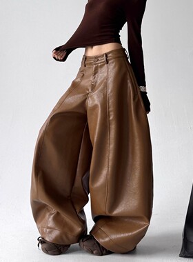 MDCW STUDIO复古pu皮休闲裤女2025秋冬新款潮流高腰显瘦阔腿裤子