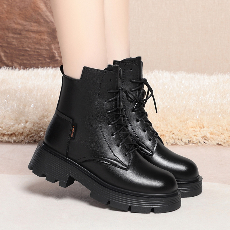 马丁靴女短靴软皮厚底皮毛一体雪地靴冬加绒加厚鞋子保暖女士棉鞋