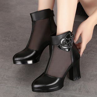 春季新款网纱凉鞋女包头女靴真皮软底高跟粗跟镂空妈妈百搭女鞋