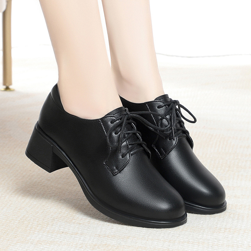新款女鞋子春秋款软皮软底舒适单鞋低跟女士系带小皮鞋粗跟中跟鞋