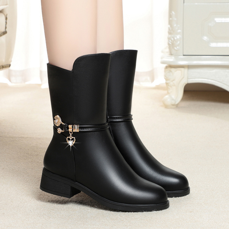 冬季中老年真皮加绒保暖舒适不挤脚抗寒中筒粗跟靴妈妈鞋女鞋靴子