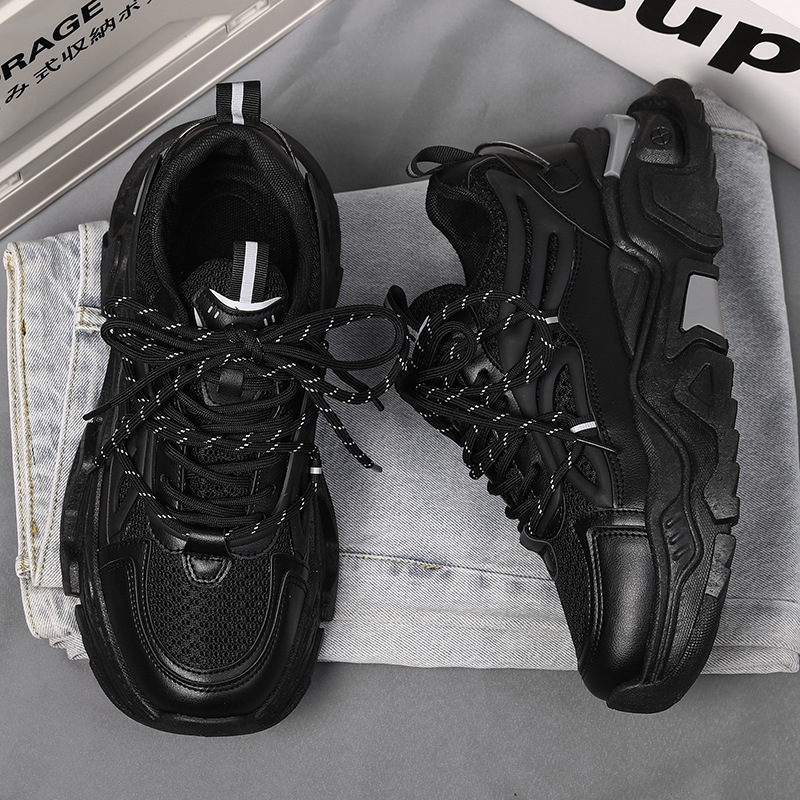 晋江鞋子潮牌黑色增高老爹鞋男士厚底网面透气运动男鞋学生跑步鞋