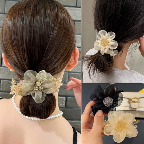 韩系轻奢高级感欧根纱水钻叶子大肠发圈女发饰洋气百搭头绳头花