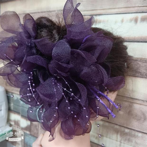 大号头花卡子夸张盘发抓夹绢纱串珠发夹布艺发卡花朵舞台头饰发饰