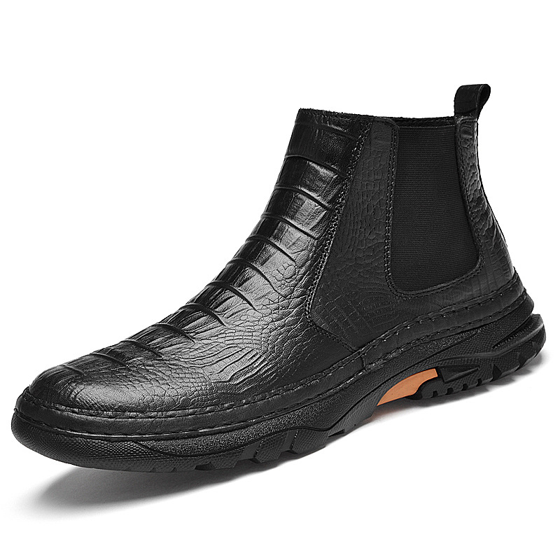 男鞋休闲单鞋商务皮靴户外休闲短靴秋冬高帮套脚鳄鱼纹牛皮面