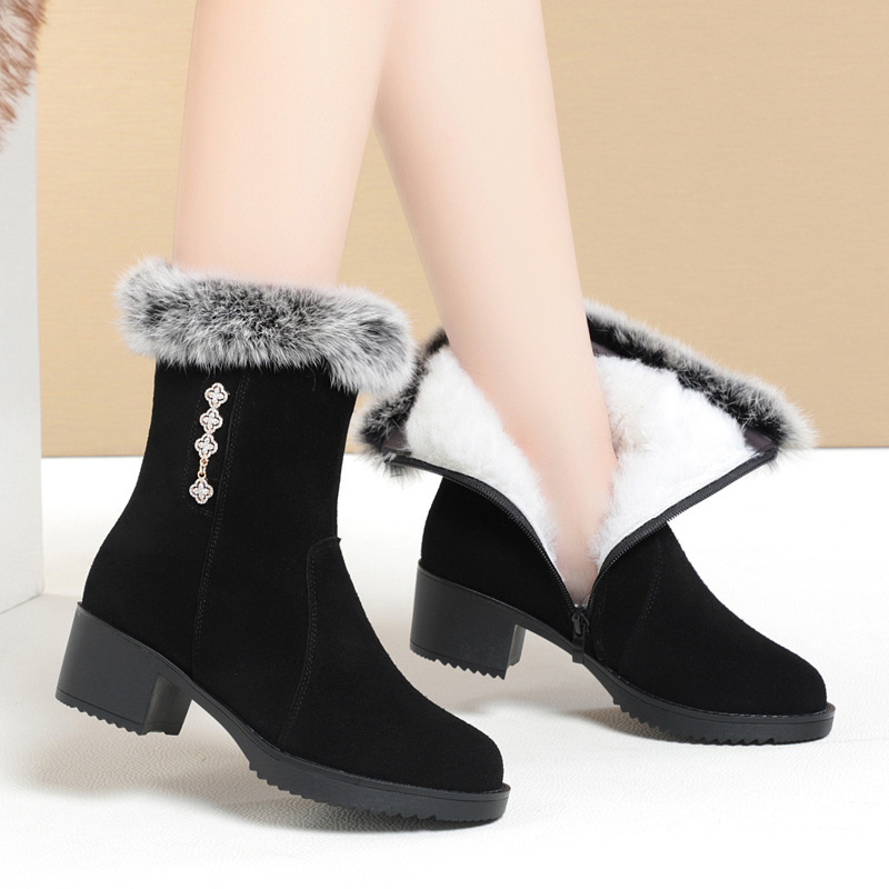 真皮雪地靴女冬季新款高跟防滑女靴兔毛棉靴加绒女鞋短筒靴子