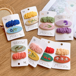 韩版 儿童刺绣花朵发夹小女孩糖果色布艺褶皱BB夹女童刘海边夹 新款