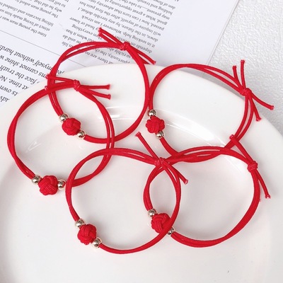 【5条】6*0.2厘米双股皮筋新年红色简约金色小珠子打结发绳发饰品