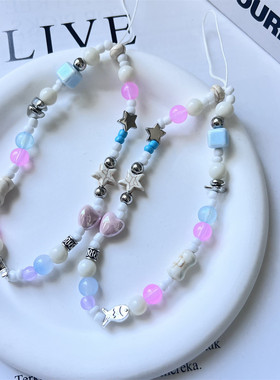 夏日清新奶蓝色串珠手机链cdd相机挂件挂绳撞色复古小挂绳